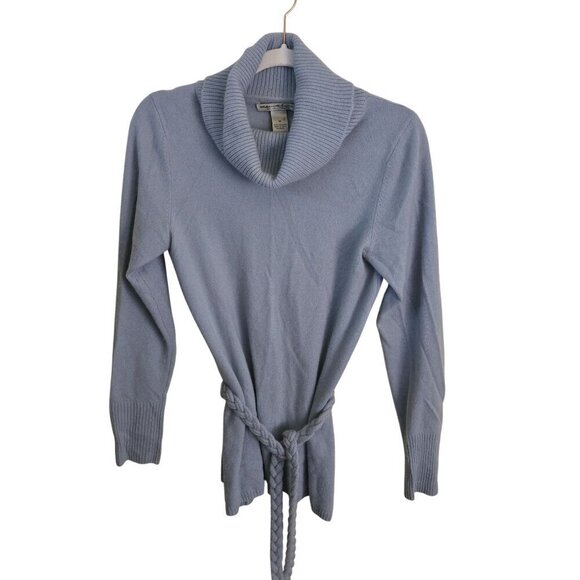 Marina Luna 100% Luxury Cashmere Baby Blue Cowl Neck Braided Belt Sweater Size M - Picture 1 of 4